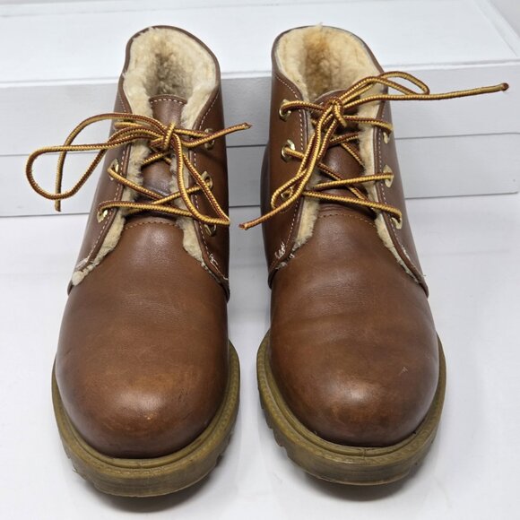 Vtg Timberland Womens 6.5 USA Brown Leather ankle Boots Sherpa Oil Resistant - Picture 3 of 10